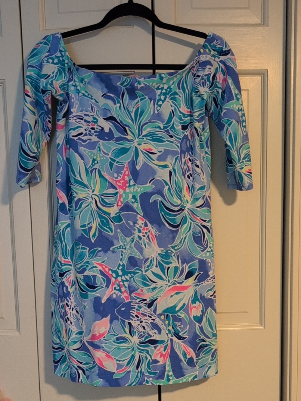 Lilly Pulitzer Blue Floral Off-Shoulder Midi Dress with Pink Accents